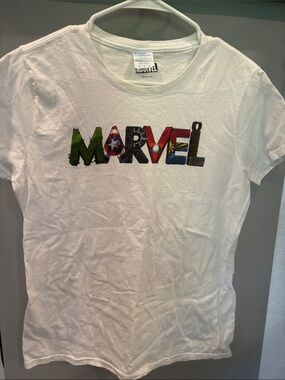 Marvel White Tee with Multi-Color Hero Lettering